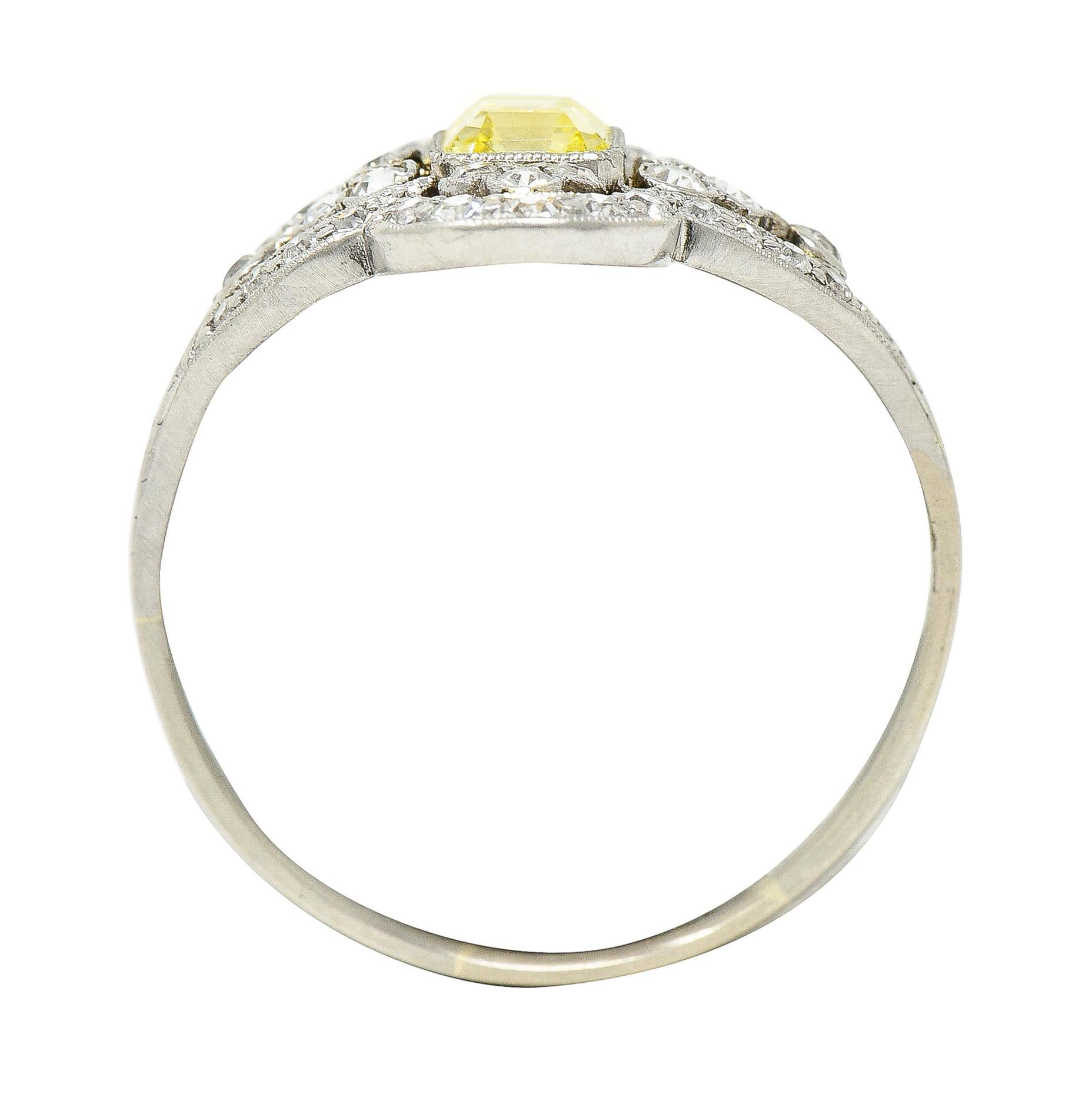 Edwardian 1.17 Carat Emerald Cut Fancy Yellow Diamond Platinum Quatrefoil Ring 5