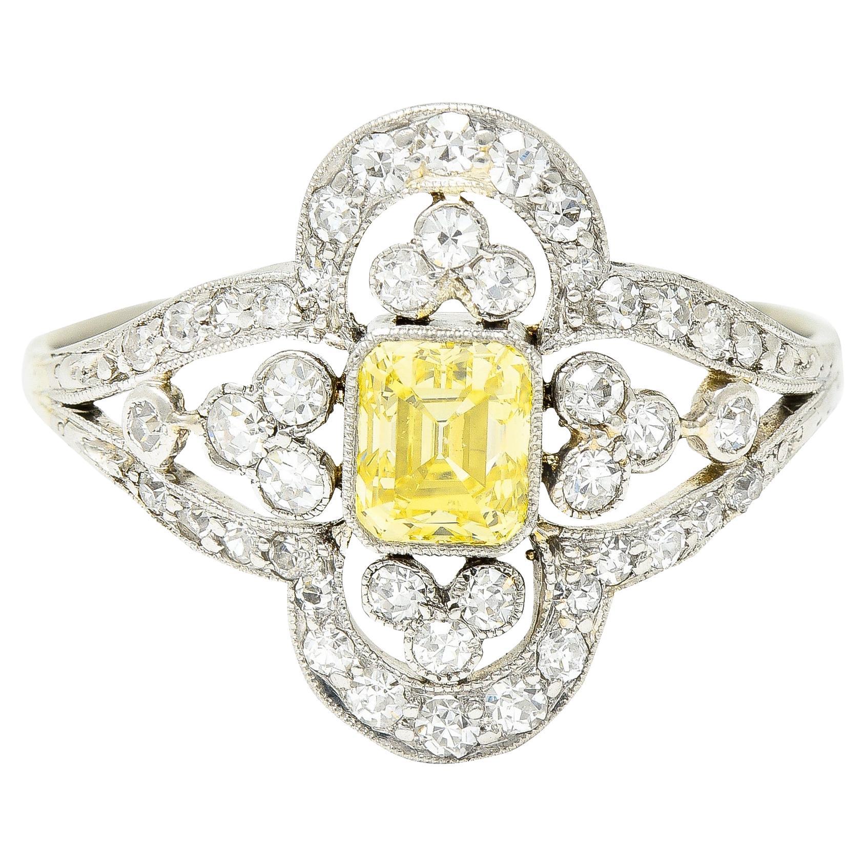 Edwardian 1.17 Carat Emerald Cut Fancy Yellow Diamond Platinum Quatrefoil Ring