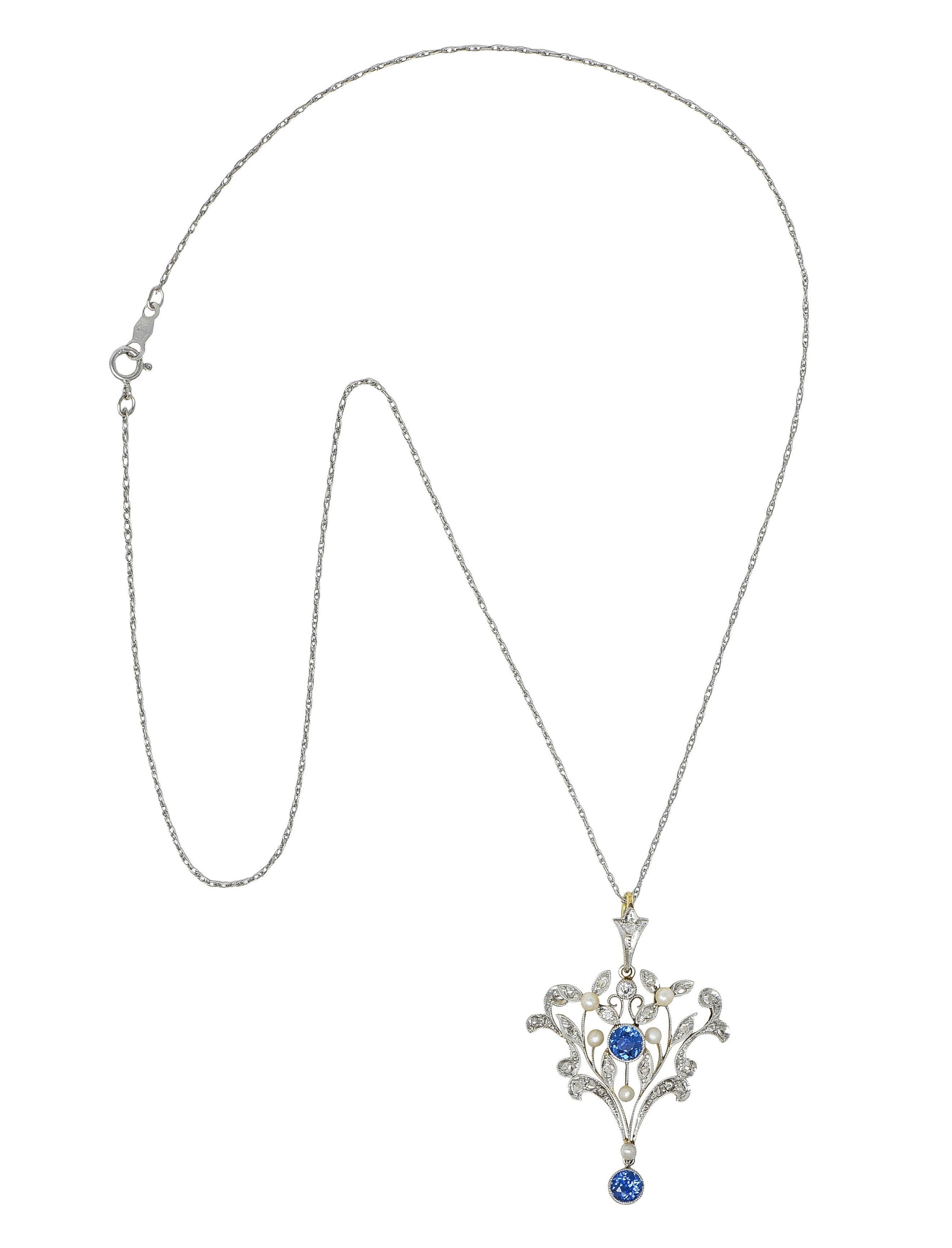 Round Cut Edwardian 1.17 CTW Sapphire Diamond Platinum 14K Gold Antique Pendant Necklace For Sale