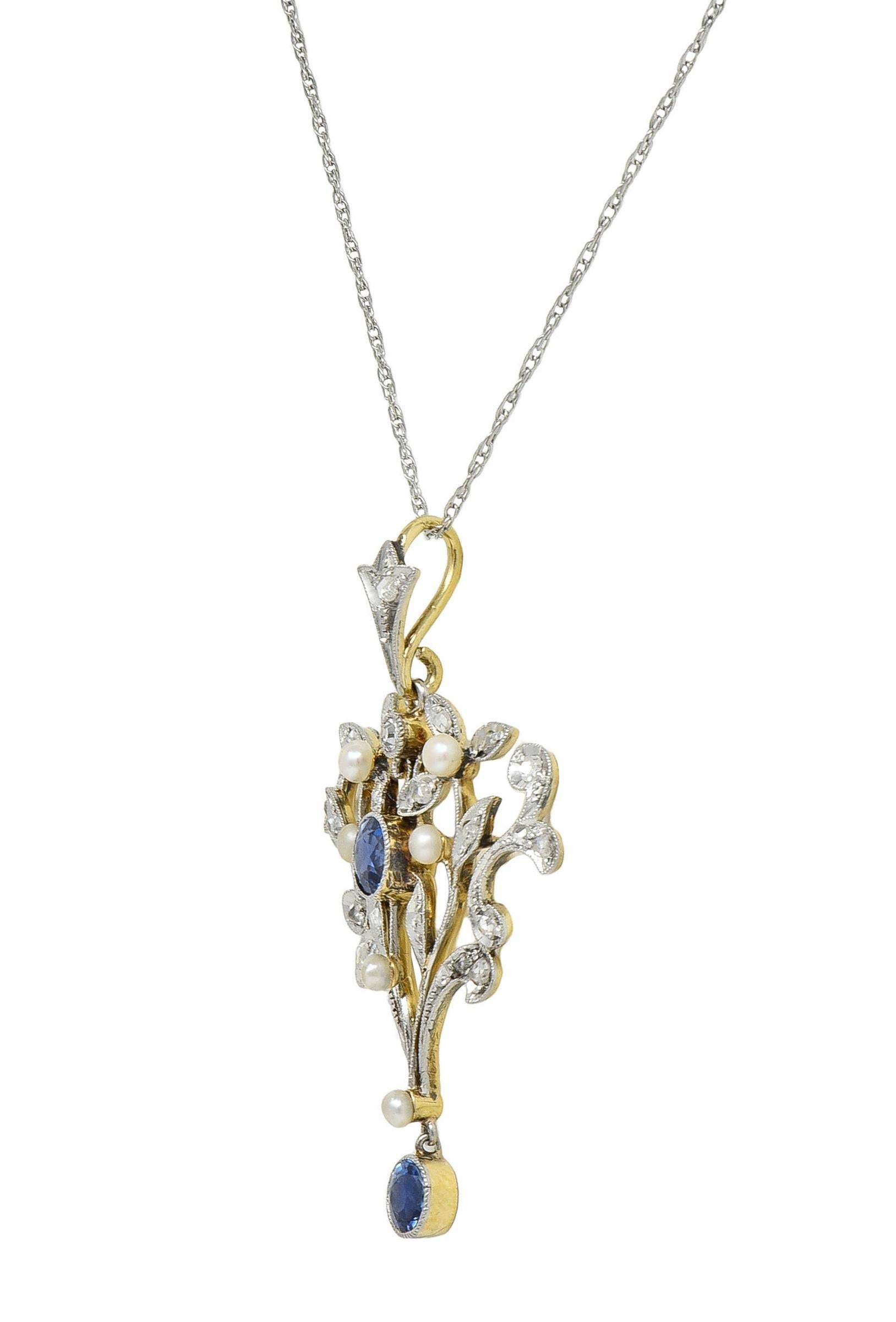 Edwardian 1.17 CTW Sapphire Diamond Platinum 14K Gold Antique Pendant Necklace In Excellent Condition For Sale In Philadelphia, PA