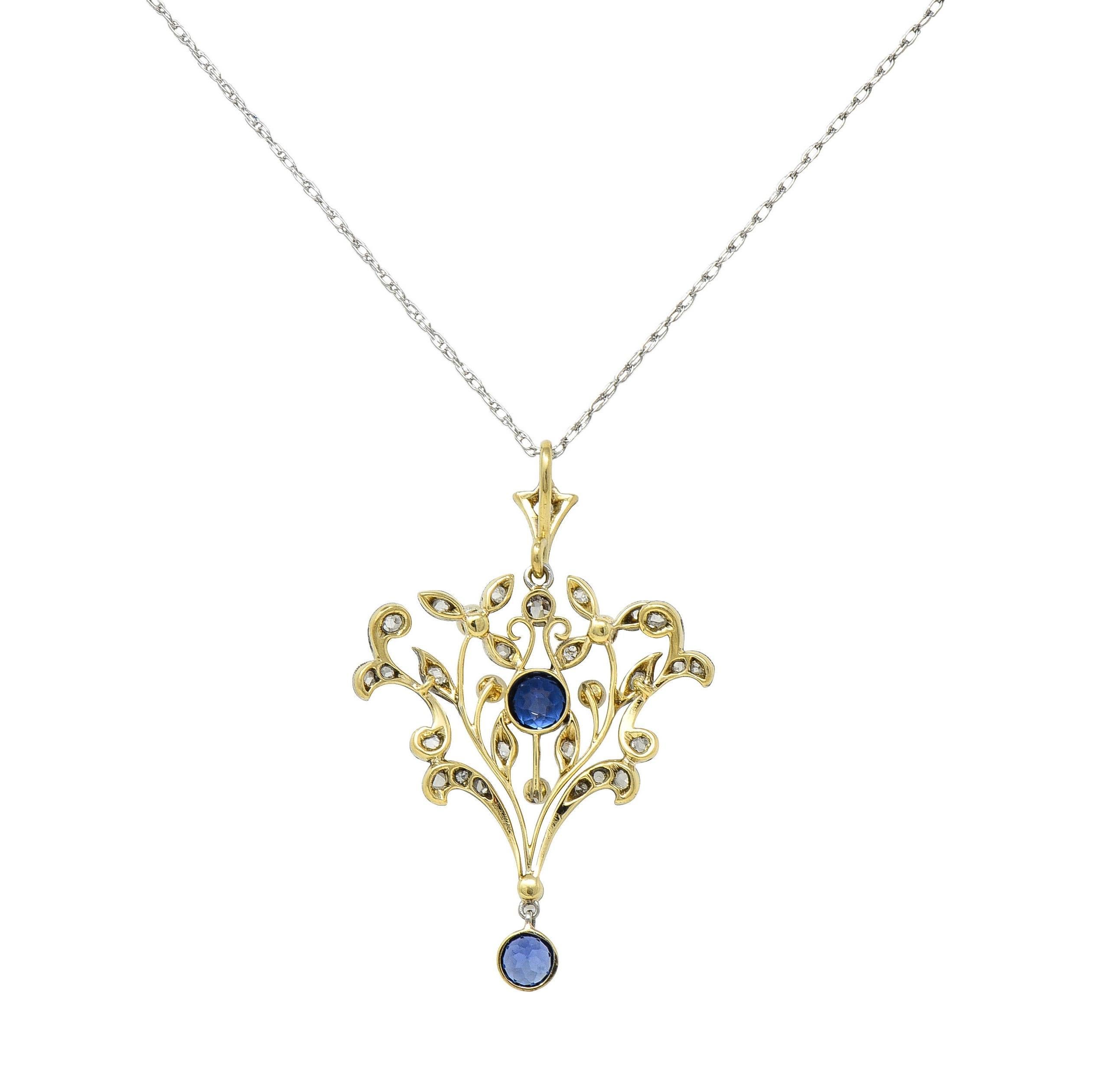Women's or Men's Edwardian 1.17 CTW Sapphire Diamond Platinum 14K Gold Antique Pendant Necklace For Sale