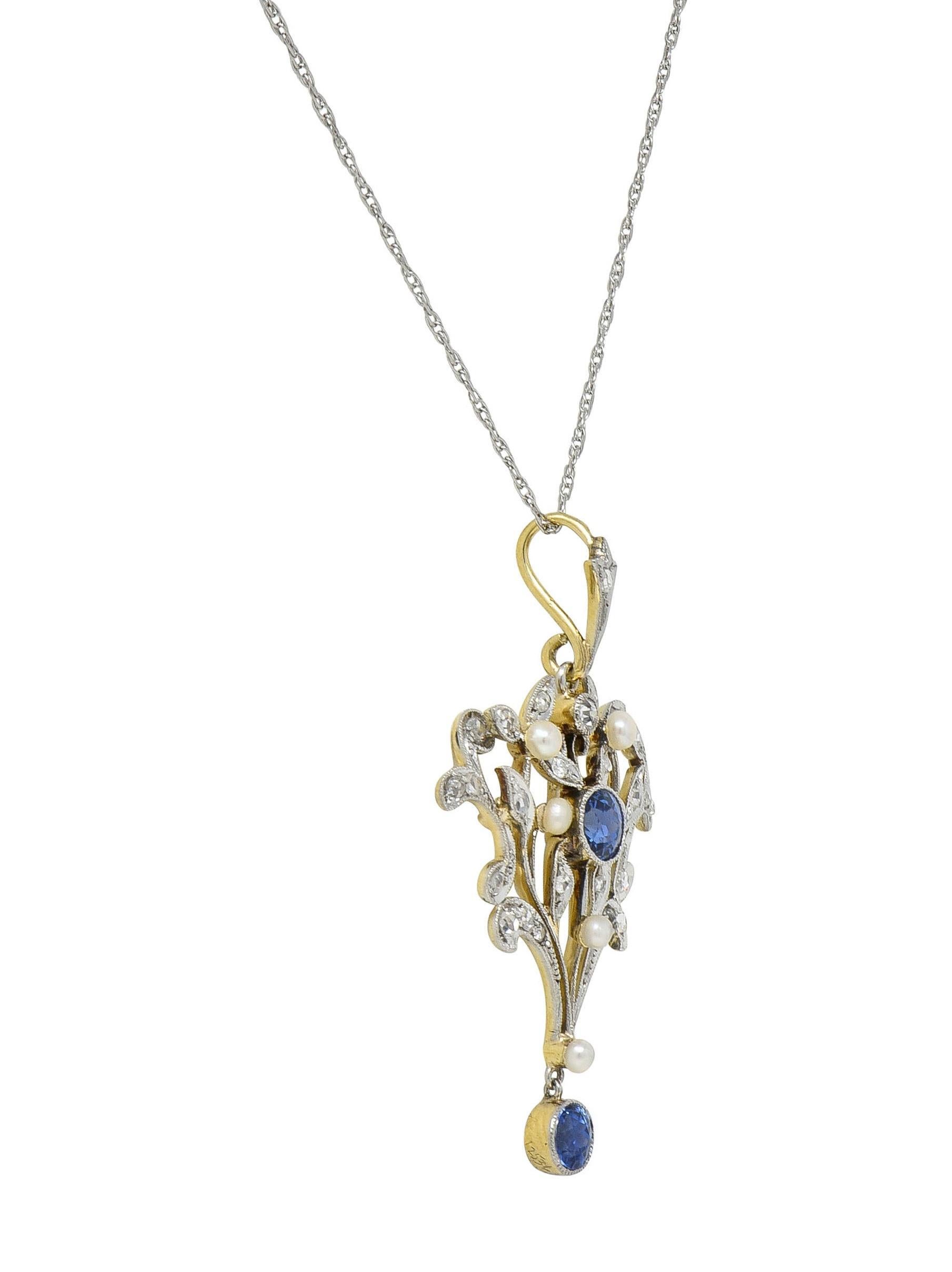 Edwardian 1.17 CTW Sapphire Diamond Platinum 14K Gold Antique Pendant Necklace For Sale 1