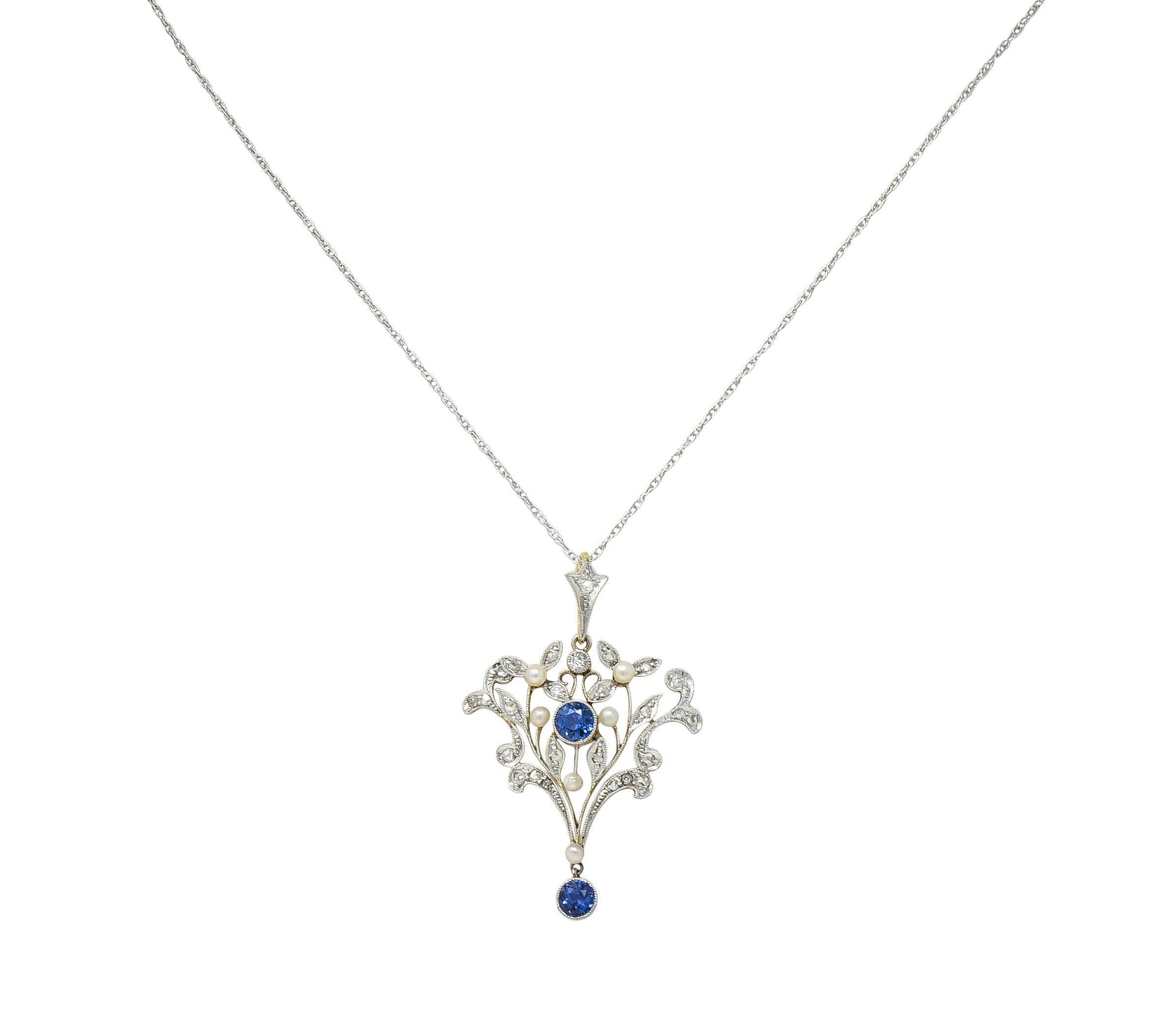 Edwardian 1.17 CTW Sapphire Diamond Platinum 14K Gold Antique Pendant Necklace For Sale 4