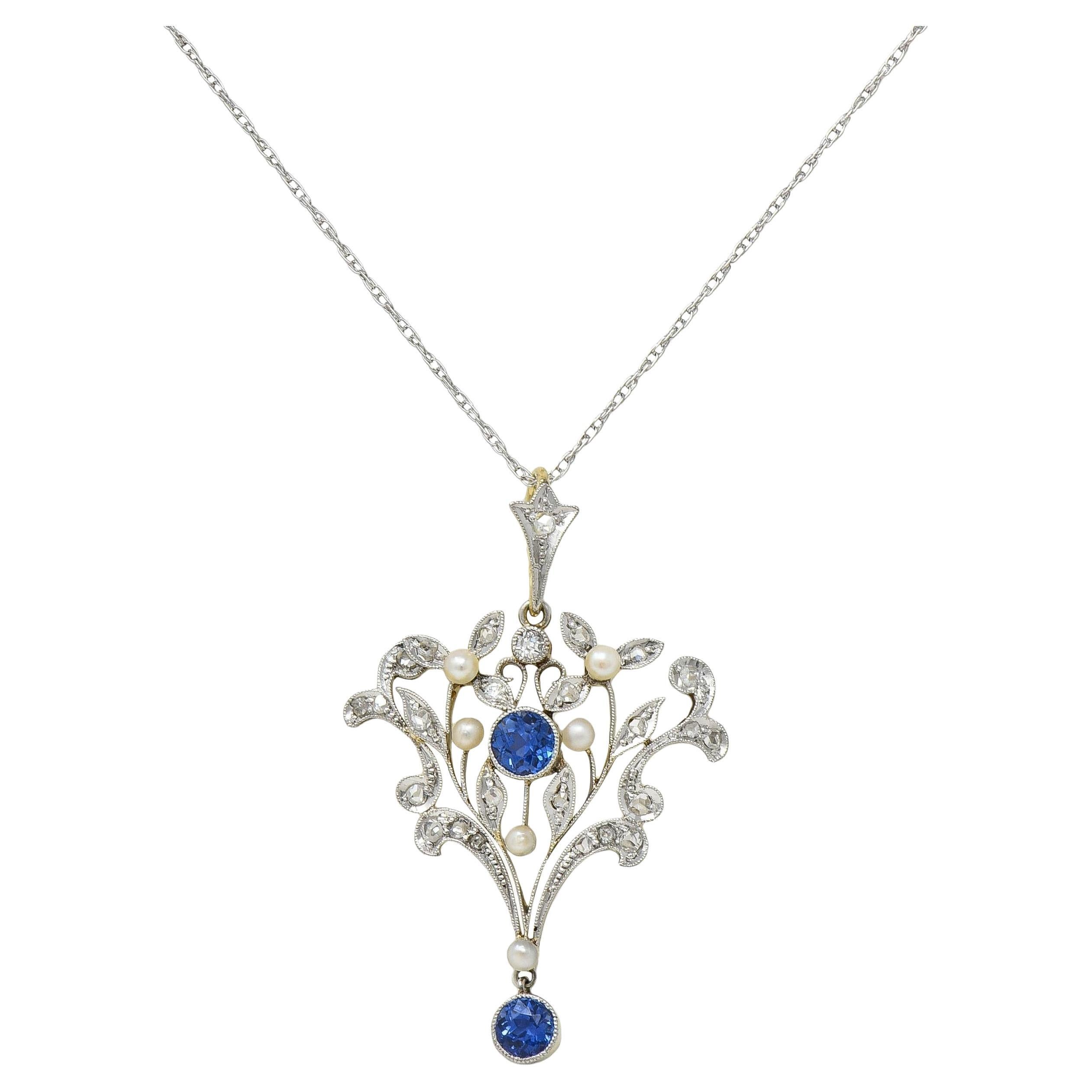 Edwardian 1.17 CTW Sapphire Diamond Platinum 14K Gold Antique Pendant Necklace For Sale