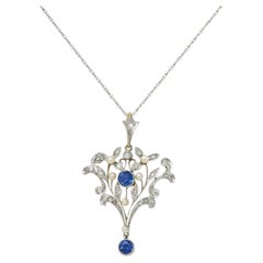 Edwardian 1.17 CTW Sapphire Diamond Platinum 14K Gold Antique Pendant Necklace
