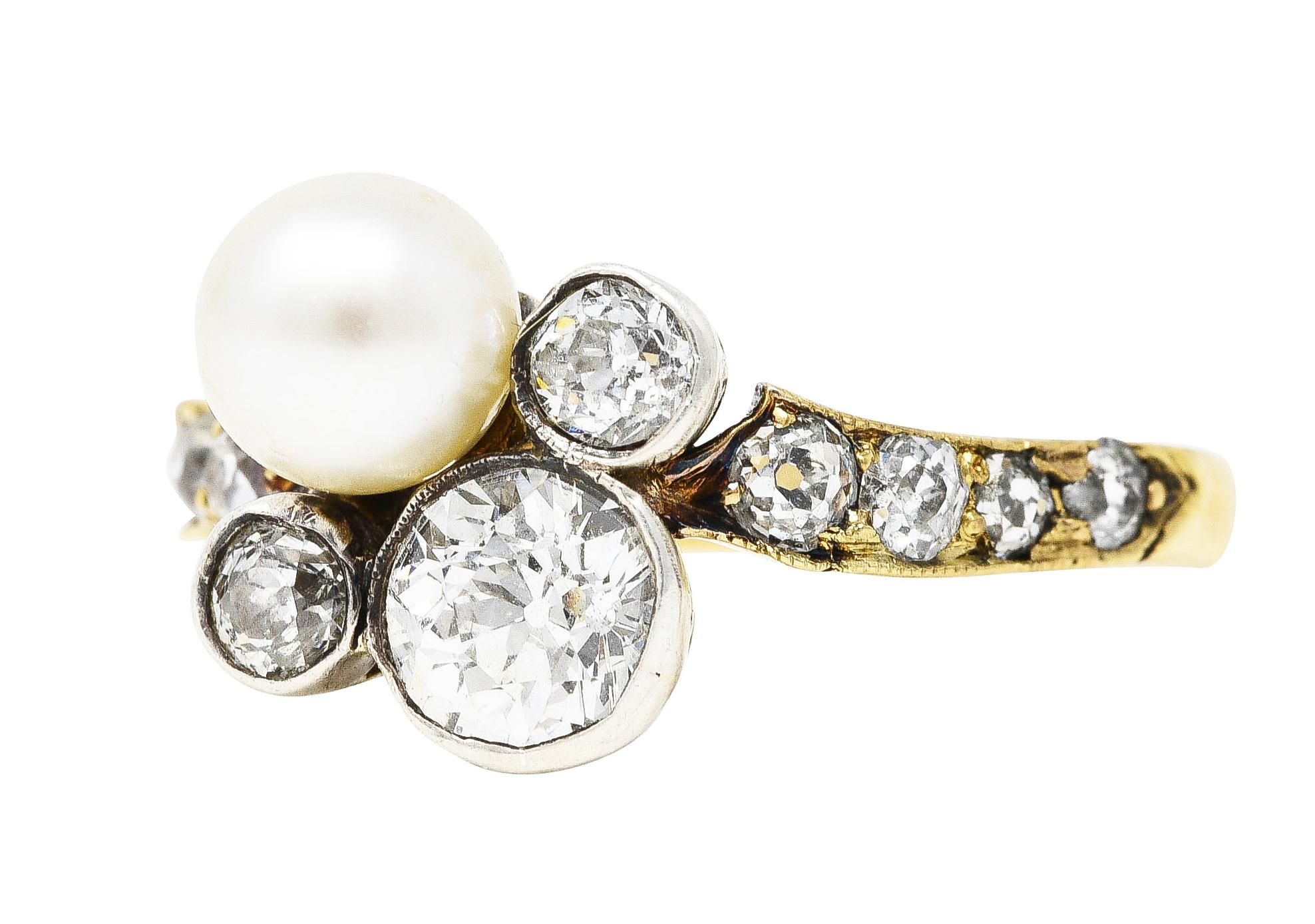 Women's or Men's Edwardian 1.18 Carats Diamond Pearl Platinum-Topped 18 Karat Gold Cluster Ring