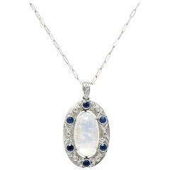 Antique Edwardian 11.80 Carat Moonstone Sapphire Diamond Platinum Pendant Necklace