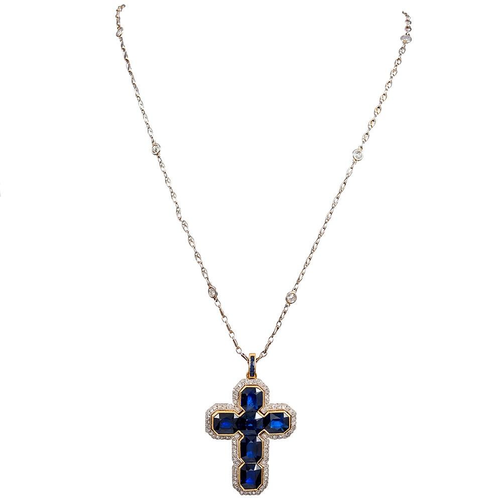 Mixed Cut Edwardian 12 Carat “No Heat” Sapphire and Diamond Cross