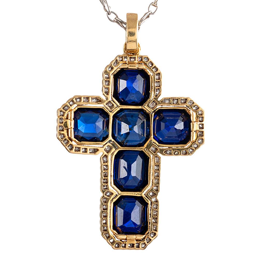 Edwardian 12 Carat “No Heat” Sapphire and Diamond Cross In Good Condition In Carmel-by-the-Sea, CA