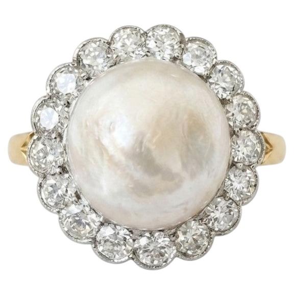 Edwardian 12 MM. Mabe Split Pearl 1.60 Ct Diamond Engagement Ring