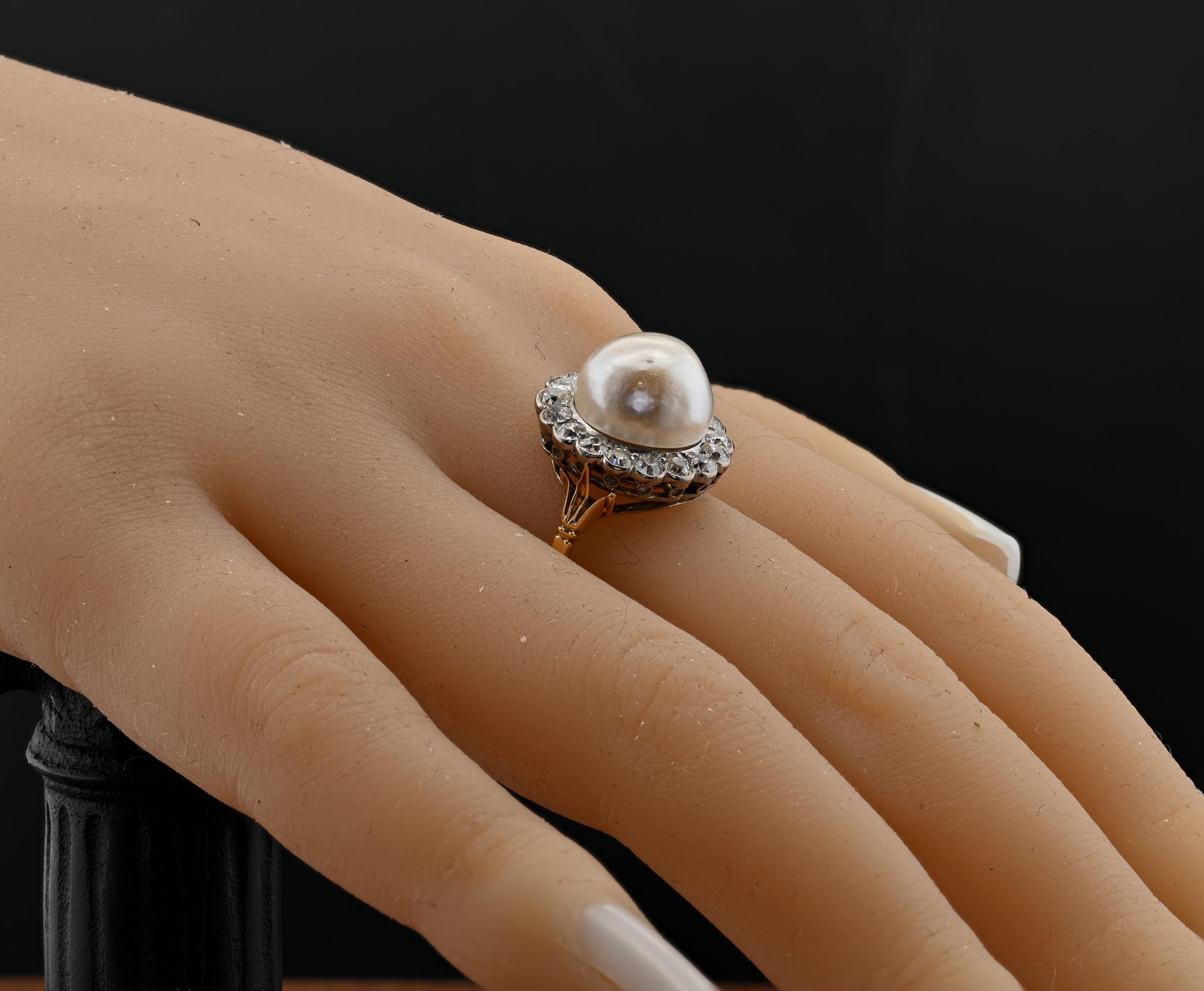 Edwardian 12 MM. Natural Split Pearl 1.60 Ct Diamond Engagement Ring For Sale 5