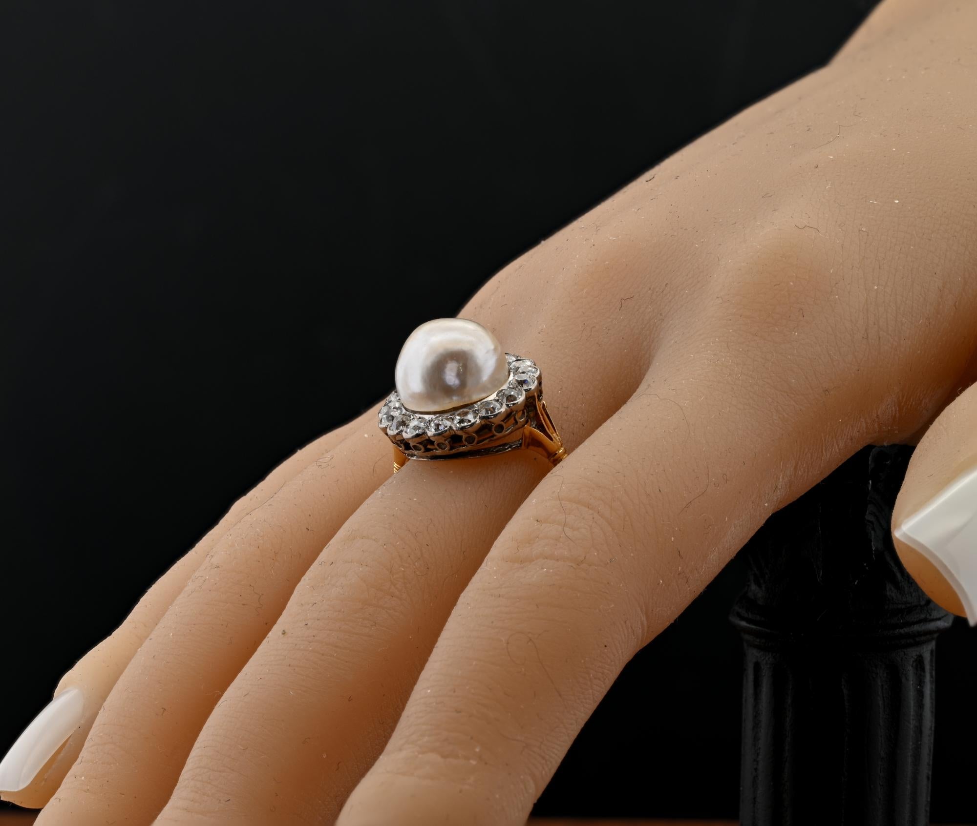 Edwardian 12 MM. Natural Split Pearl 1.60 Ct Diamond Engagement Ring For Sale 6