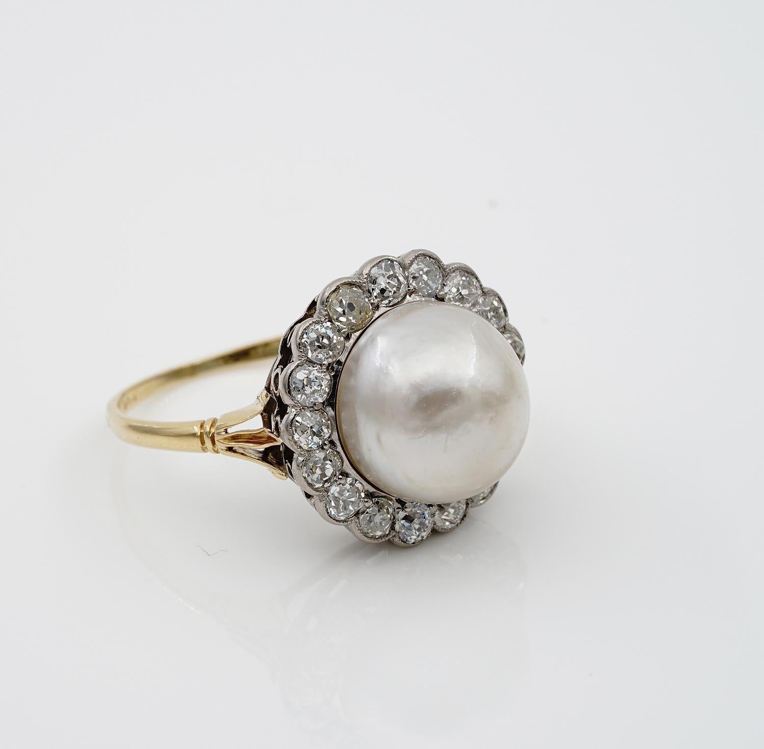 Old Mine Cut Edwardian 12 MM. Natural Split Pearl 1.60 Ct Diamond Engagement Ring For Sale