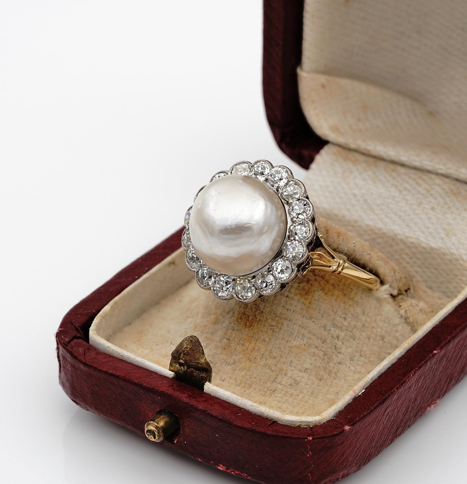 Edwardian 12 MM. Natural Split Pearl 1.60 Ct Diamond Engagement Ring For Sale 1