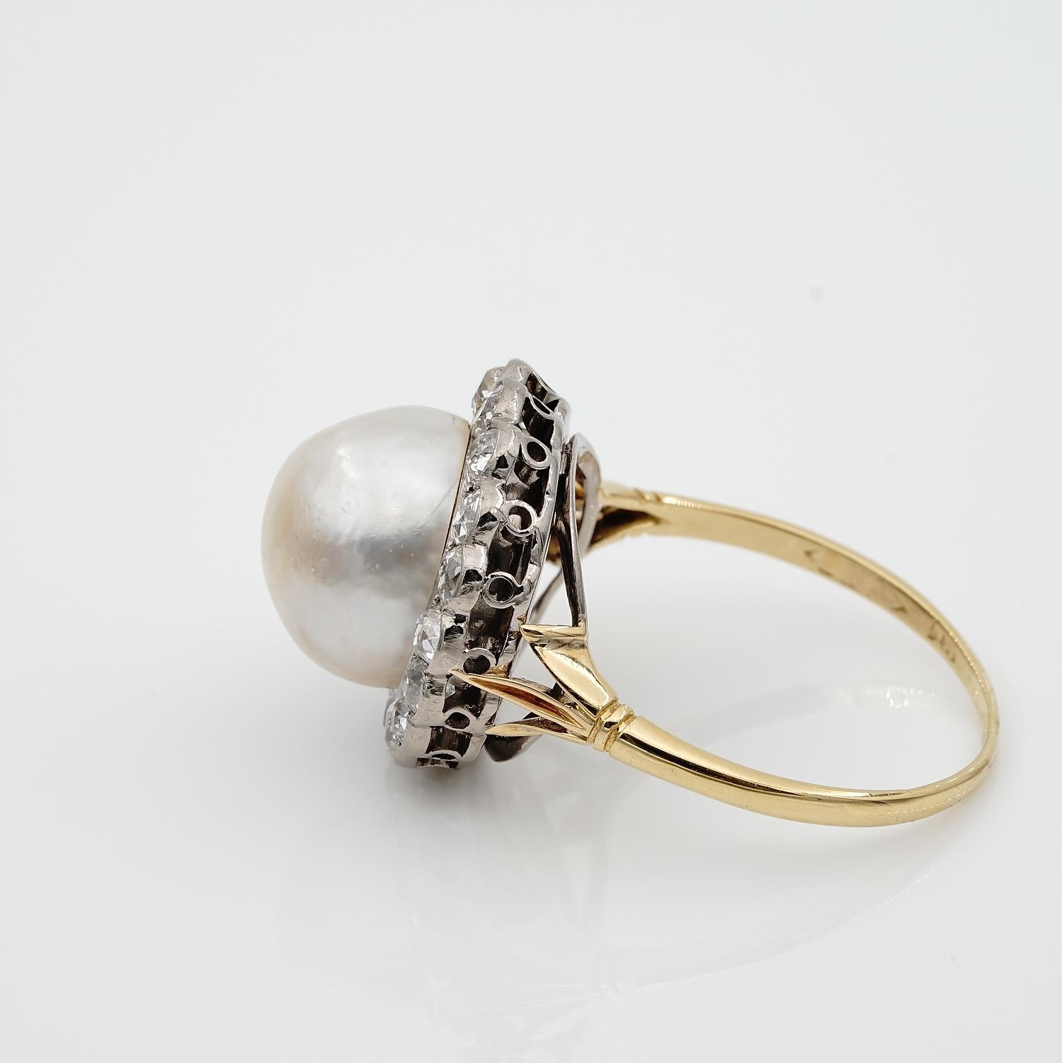 Edwardian 12 MM. Natural Split Pearl 1.60 Ct Diamond Engagement Ring For Sale 2