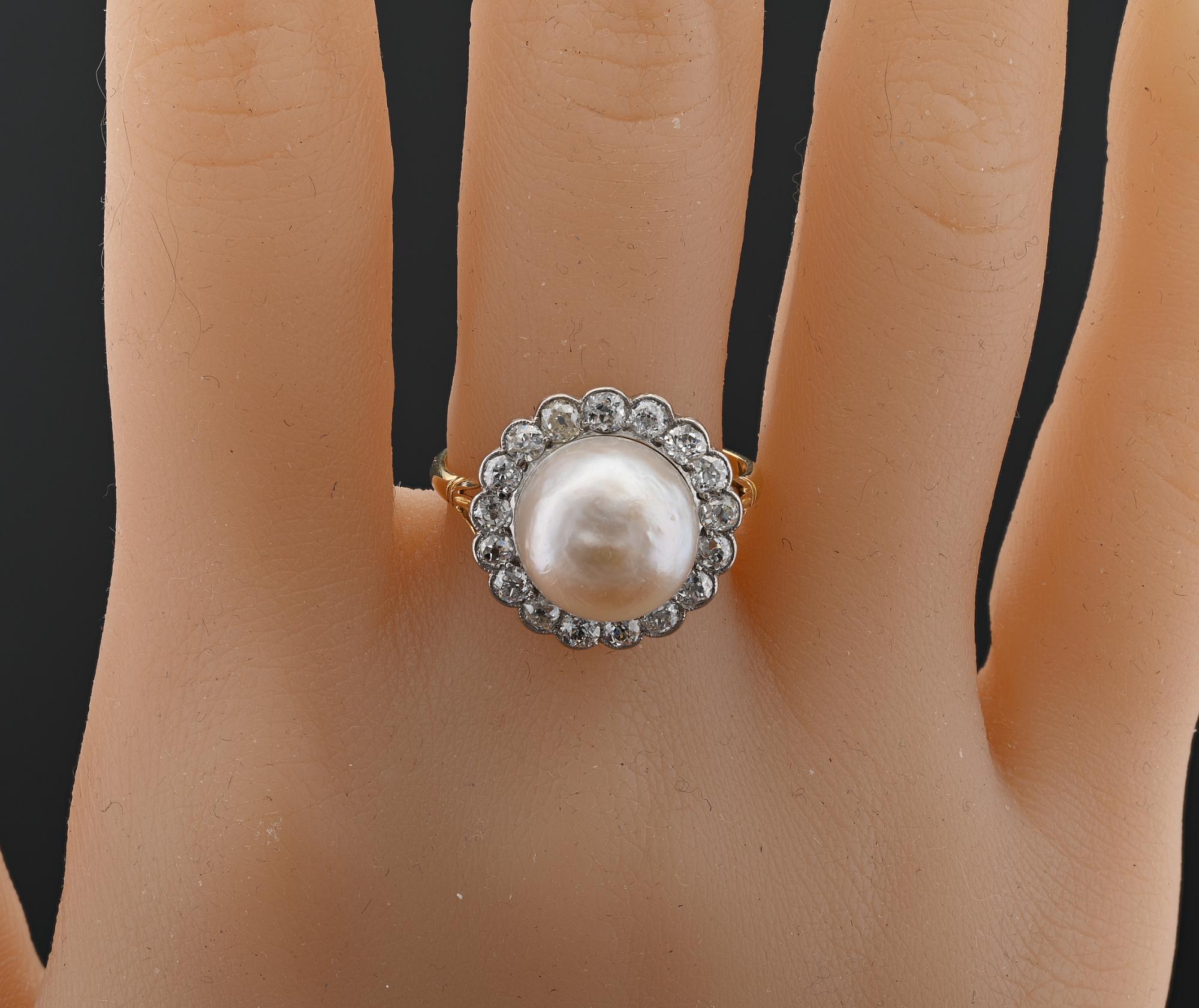 Edwardian 12 MM. Natural Split Pearl 1.60 Ct Diamond Engagement Ring For Sale 4