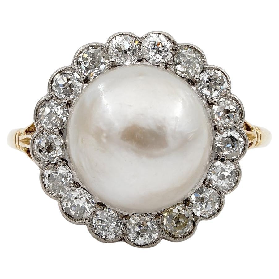 Edwardian 12 MM. Natural Split Pearl 1.60 Ct Diamond Engagement Ring For Sale
