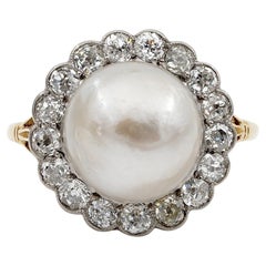 Antique Edwardian 12 MM. Natural Split Pearl 1.60 Ct Diamond Engagement Ring