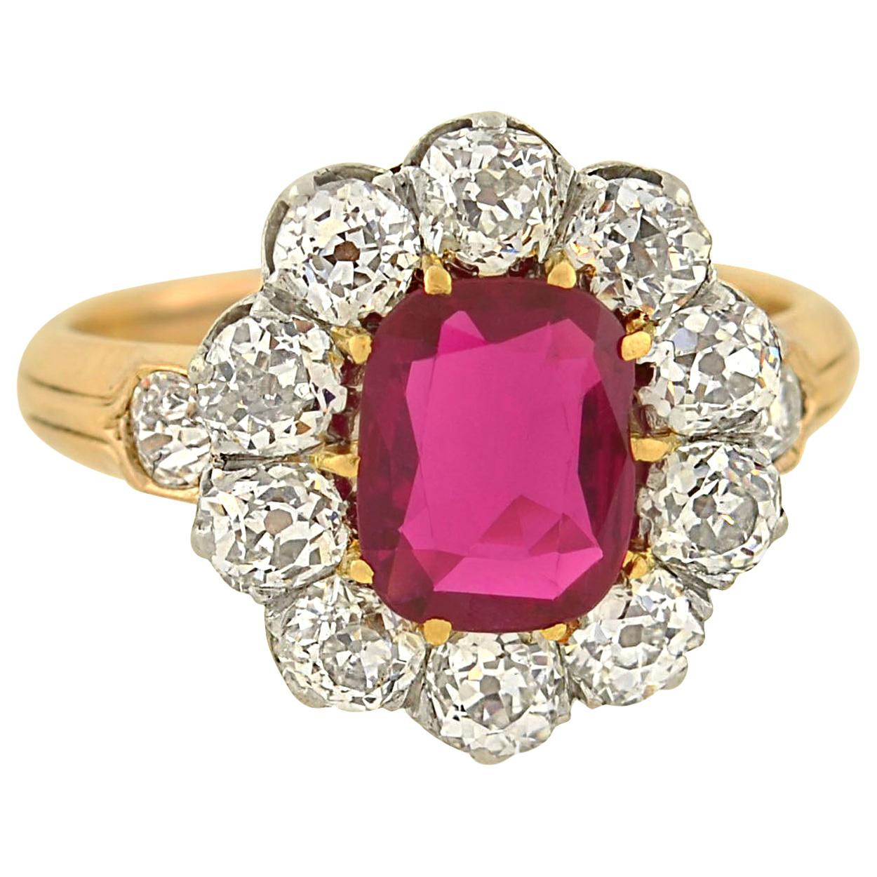 Edwardian 1.20 Carat Natural Untreated Burma Ruby Diamond Ring