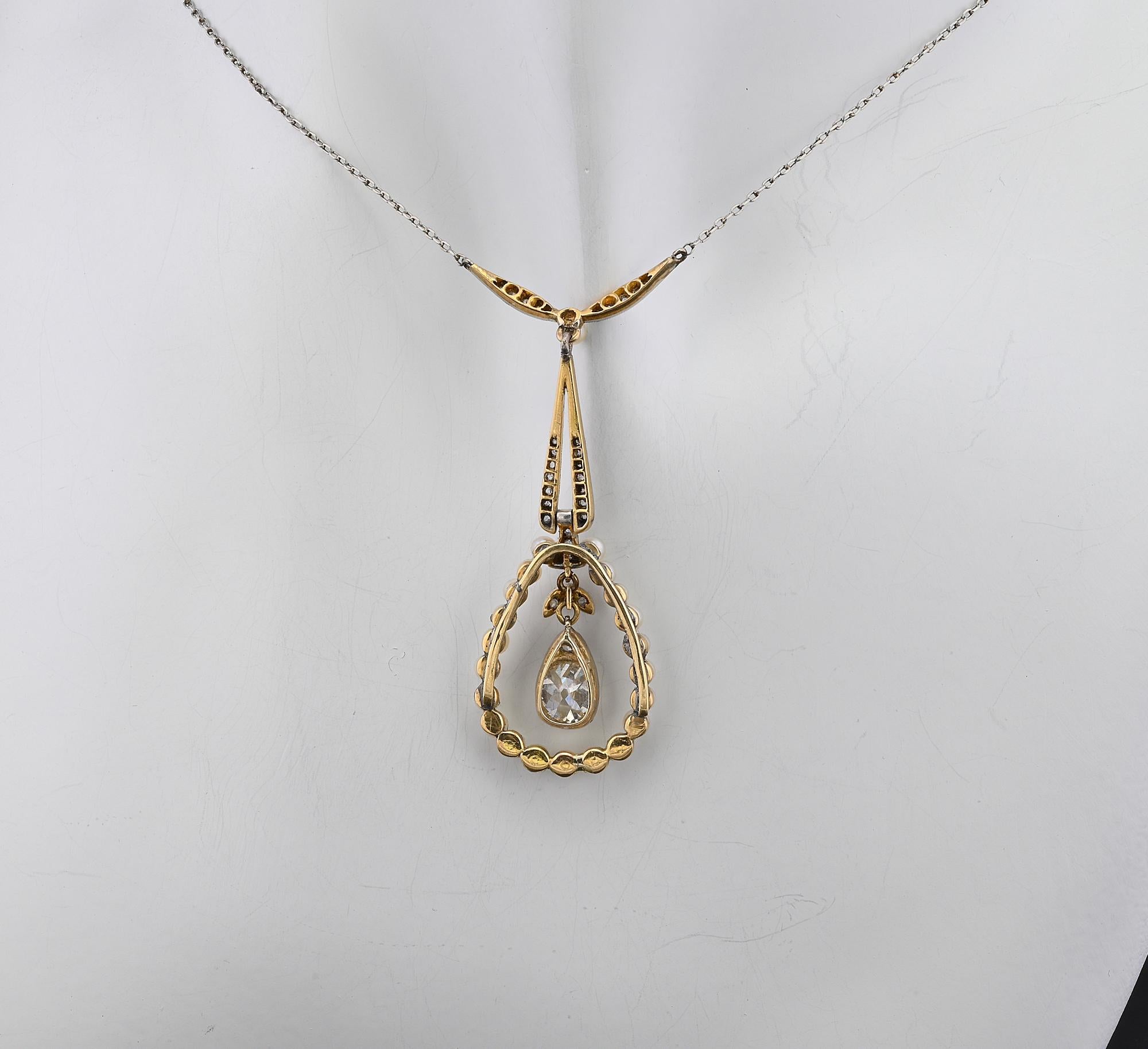 Edwardian 1.20 Ct Diamond Solitaire Natural Pearl Platinum /Gold Necklace For Sale 5