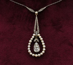 Edwardian 1.20 Ct Diamond Solitaire Natural Pearl Platinum /Gold Necklace