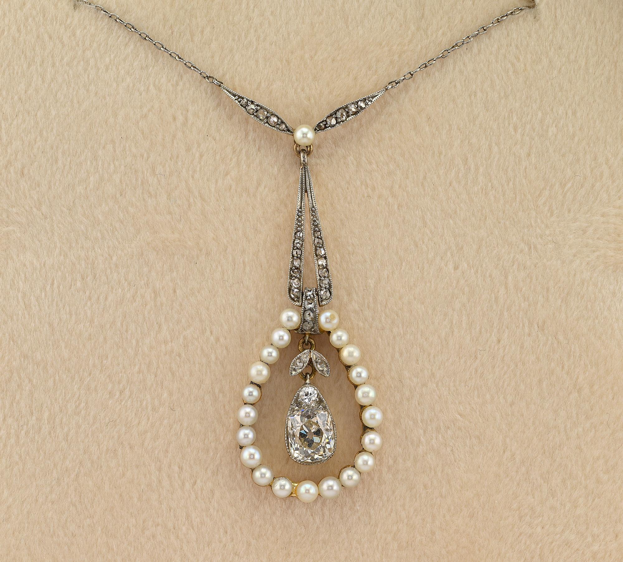 Old Mine Cut Edwardian 1.20 Ct Diamond Solitaire Natural Pearl Platinum /Gold Necklace For Sale