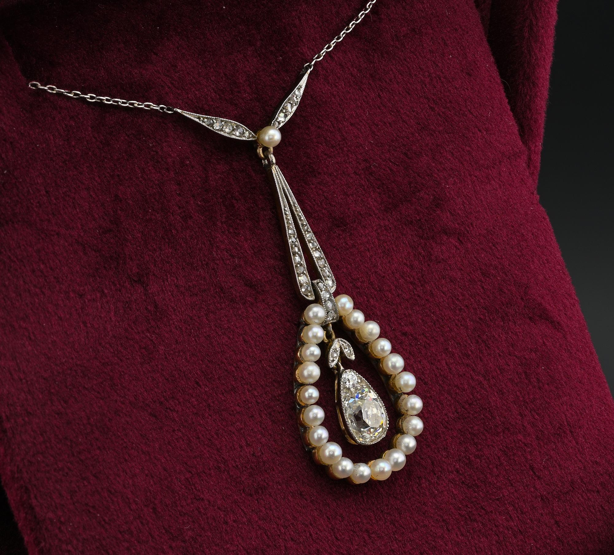 Women's or Men's Edwardian 1.20 Ct Diamond Solitaire Natural Pearl Platinum /Gold Necklace For Sale