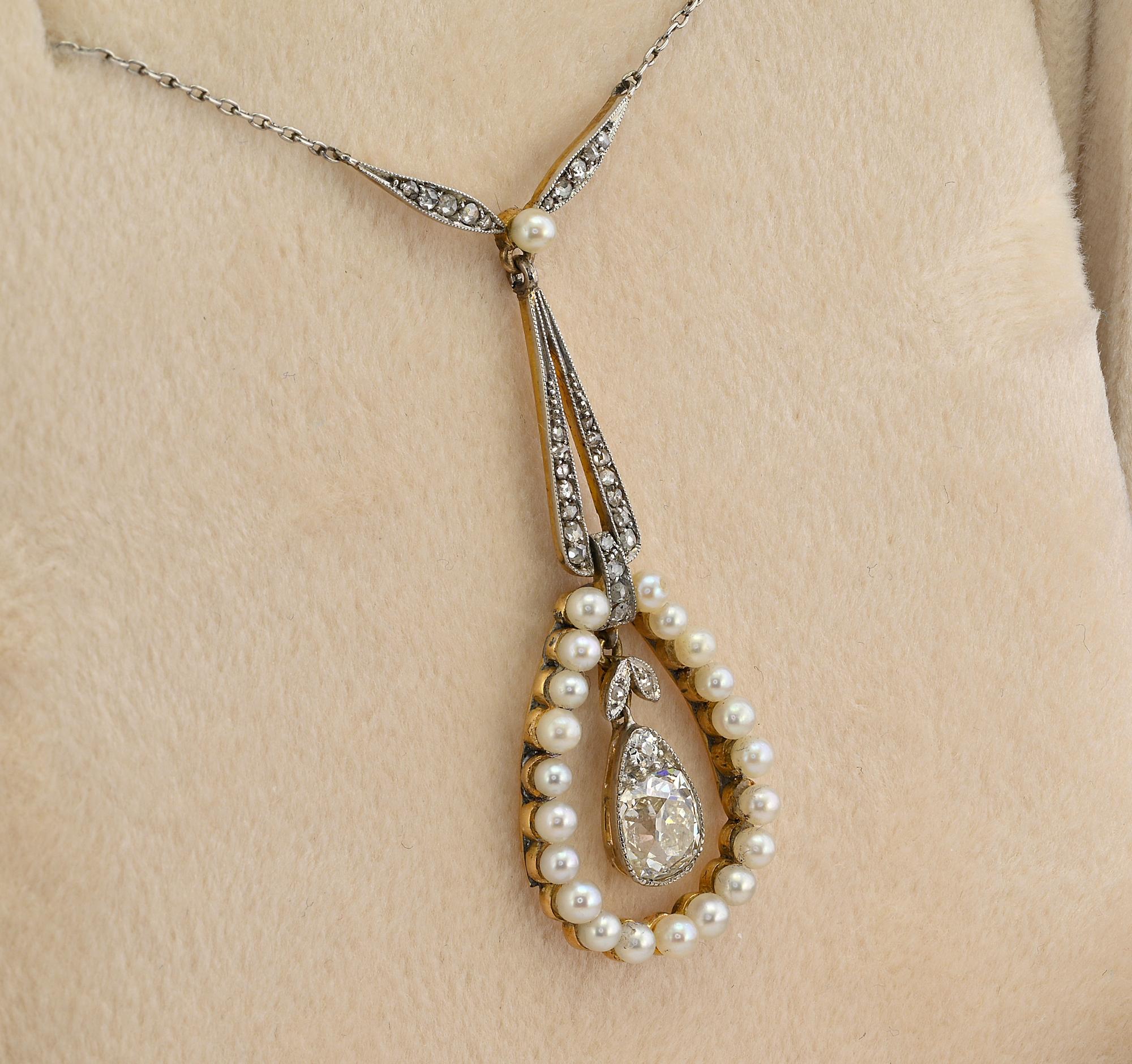Edwardian 1.20 Ct Diamond Solitaire Natural Pearl Platinum /Gold Necklace For Sale 1