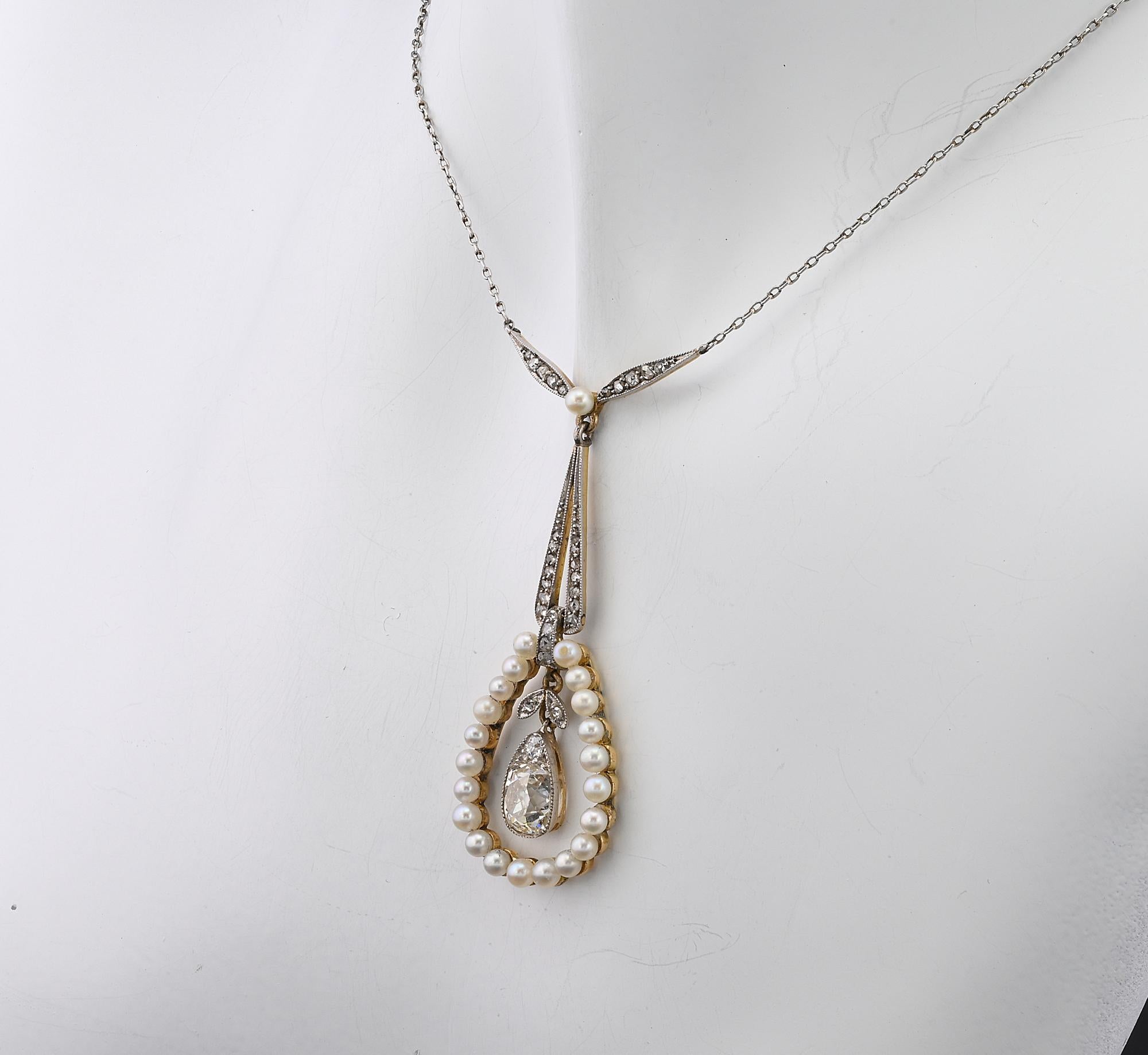 Edwardian 1.20 Ct Diamond Solitaire Natural Pearl Platinum /Gold Necklace For Sale 2