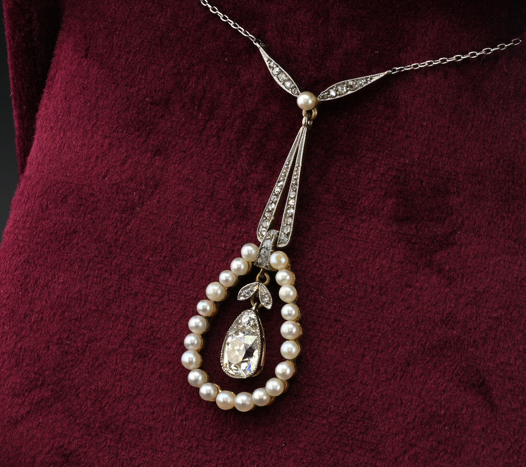 Edwardian 1.20 Ct Diamond Solitaire Natural Pearl Platinum /Gold Necklace For Sale 3