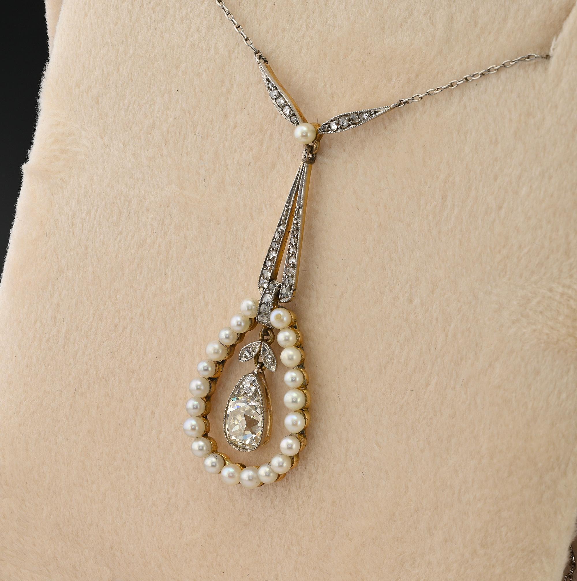 Edwardian 1.20 Ct Diamond Solitaire Natural Pearl Platinum /Gold Necklace For Sale 4