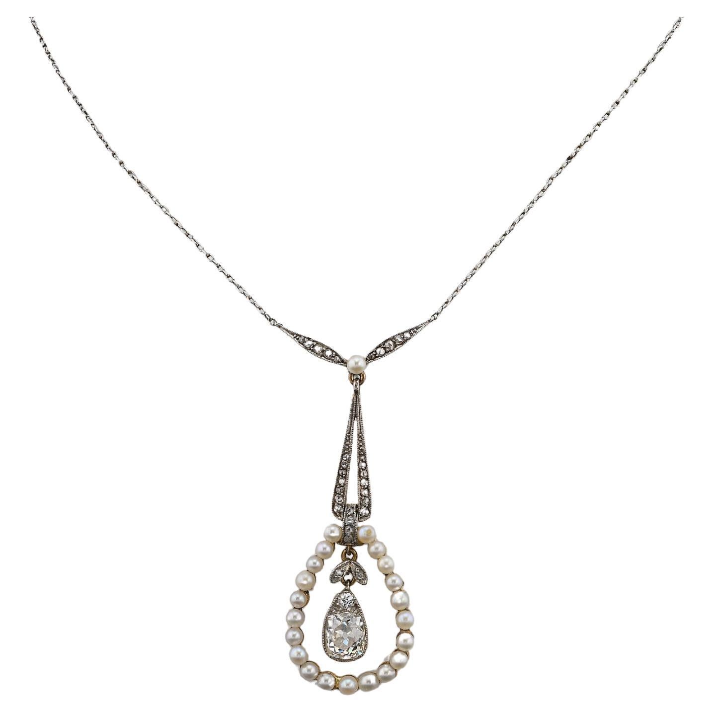 Edwardian 1.20 Ct Diamond Solitaire Natural Pearl Platinum /Gold Necklace For Sale