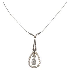 Antique Edwardian 1.20 Ct Diamond Solitaire Natural Pearl Platinum /Gold Necklace