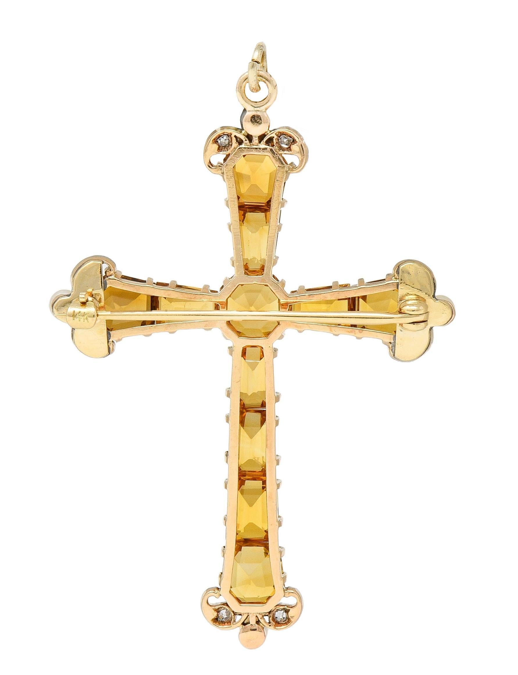 Édouardien Broche pendentif croix ancienne édouardienne en or 14 carats avec citrine 12,04 carats, diamants et perle en vente