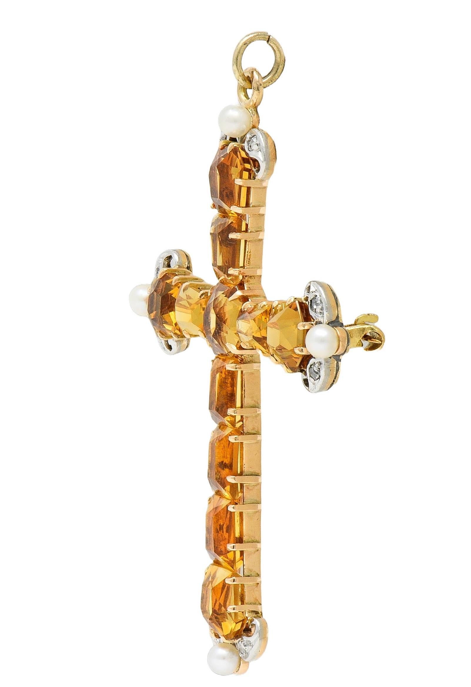 Taille mixte Broche pendentif croix ancienne édouardienne en or 14 carats avec citrine 12,04 carats, diamants et perle en vente