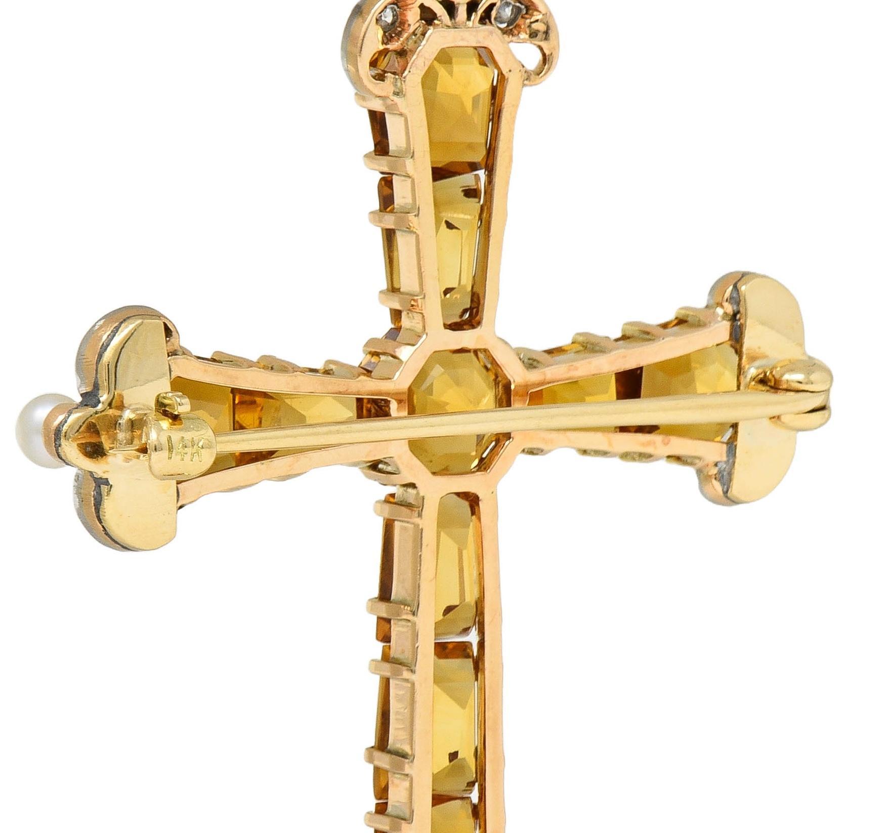 Broche pendentif croix ancienne édouardienne en or 14 carats avec citrine 12,04 carats, diamants et perle Unisexe en vente