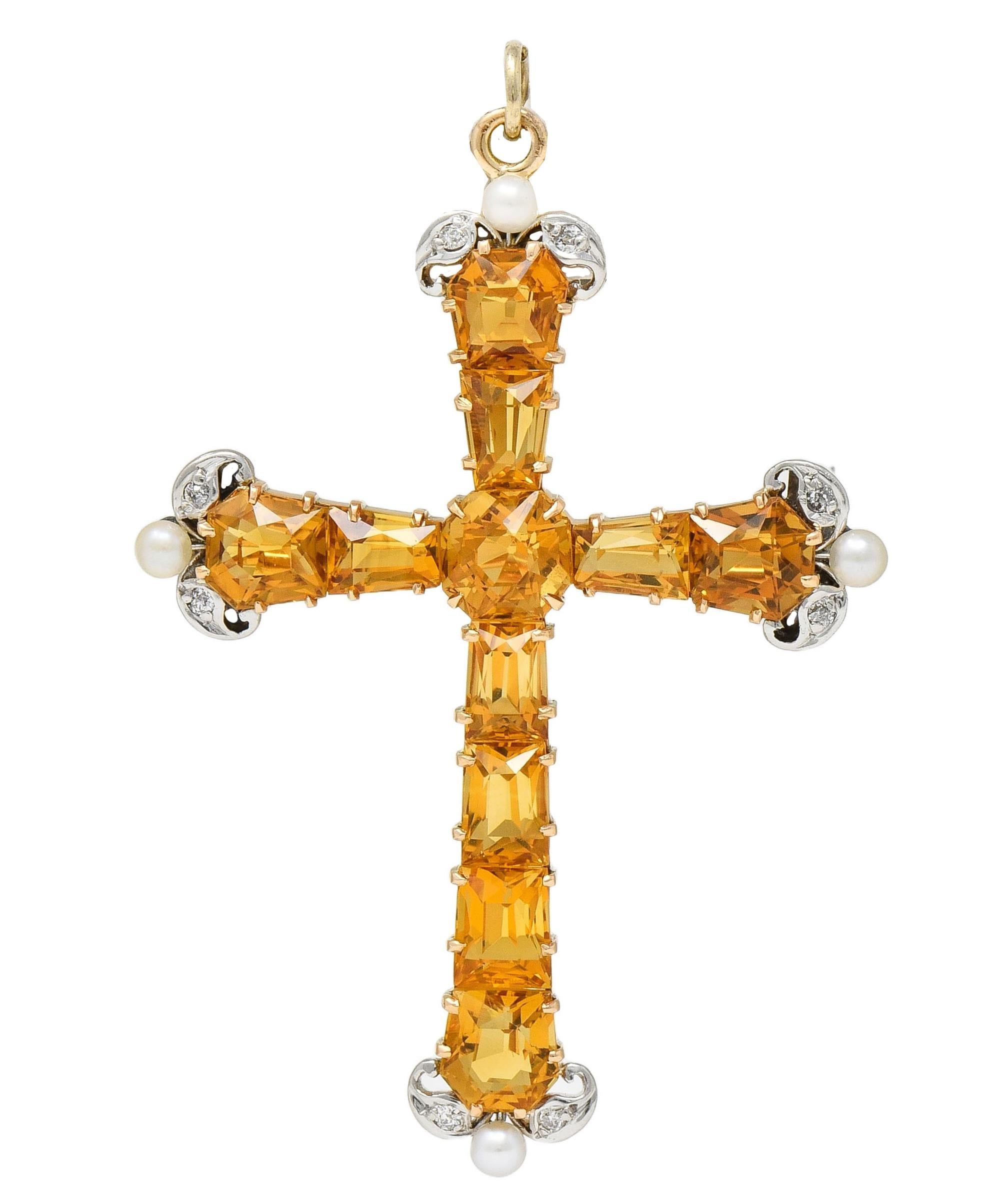 Broche pendentif croix ancienne édouardienne en or 14 carats avec citrine 12,04 carats, diamants et perle en vente 1