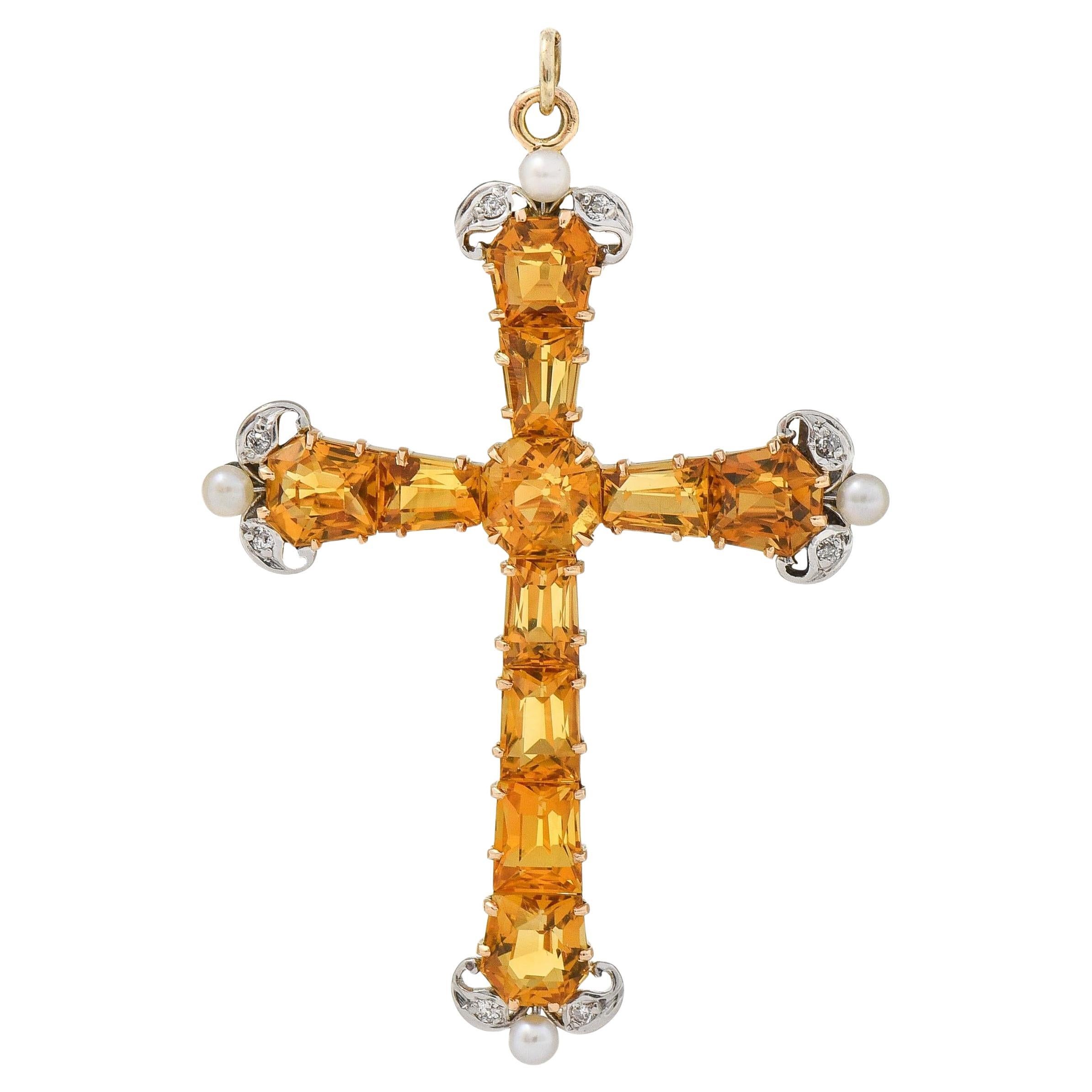 Broche pendentif croix ancienne édouardienne en or 14 carats avec citrine 12,04 carats, diamants et perle en vente