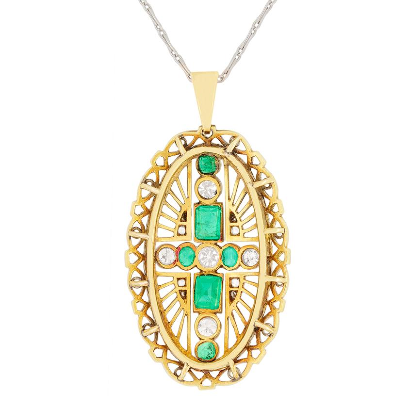 Colgante eduardiano de esmeralda y diamantes de 1,20 ct, c.1910 Corte baguette en venta