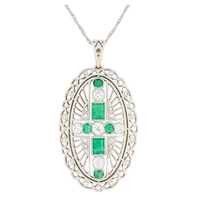 Edwardian 1.20ct Emerald and Diamond Pendant, c.1910s