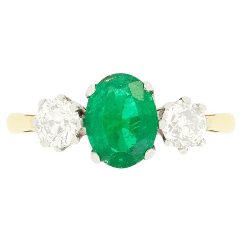 Edwardian 1.20ct Emerald and Diamond Three Stone Ring, c.1910s For Sale