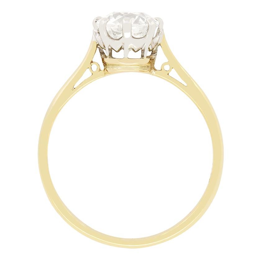 Timeless in it’s design, this Edwardian solitaire features a glittering 1.23 carat old cushion cut diamond at it’s centre. The diamonds has a colour of H and clarity of SI2 and is claw set within a platinum mount, allowing the diamond to look it’s