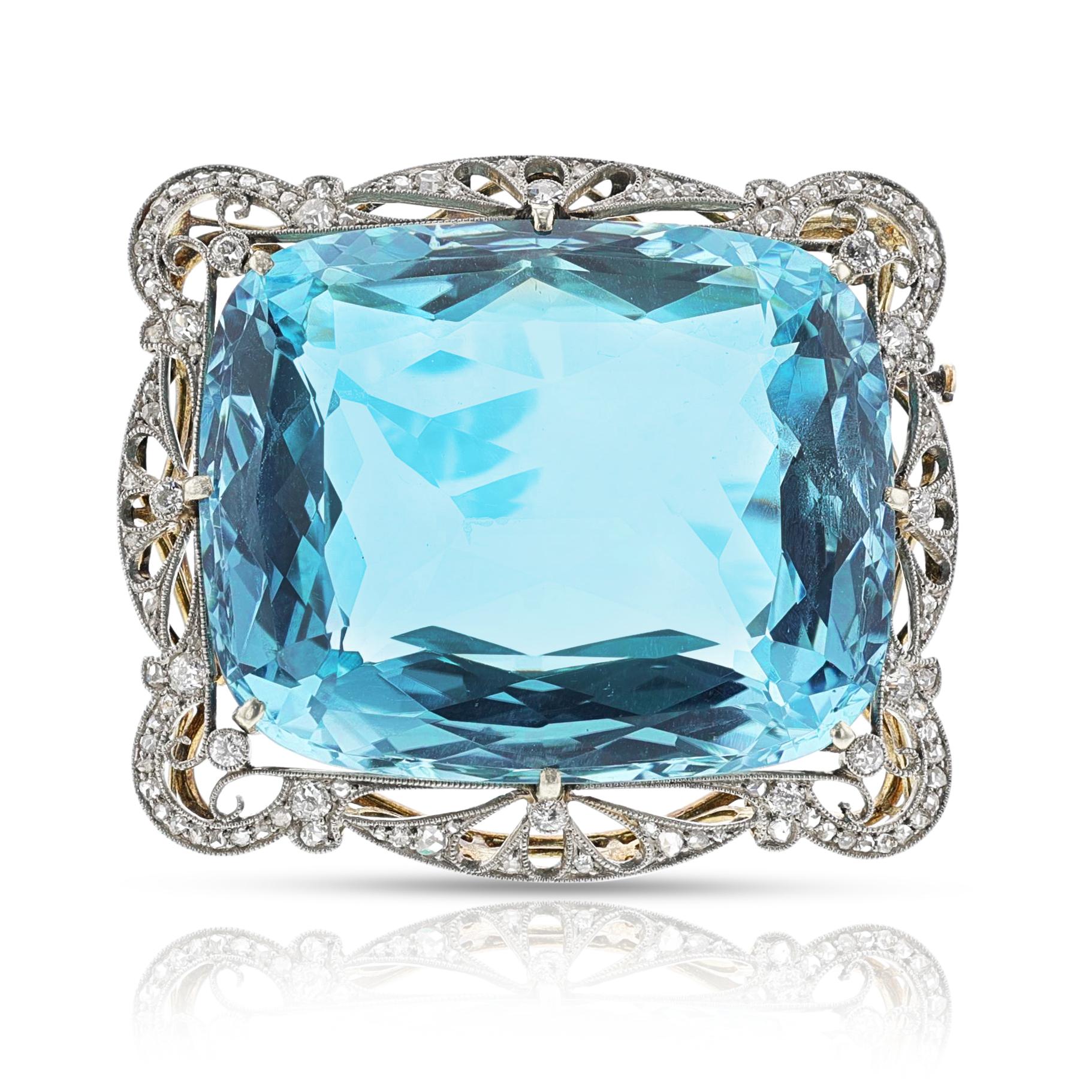 A rare Edwardian brooch set with an impressive cushion-shaped mixed-cut Aquamarine weighing over 124-cts., accented with old-mine-cut diamonds, set in Platinum and Gold.

Item: Brooch

Period: Edwardian (1900-1910)

Material(s): Aquamarine, Diamond,