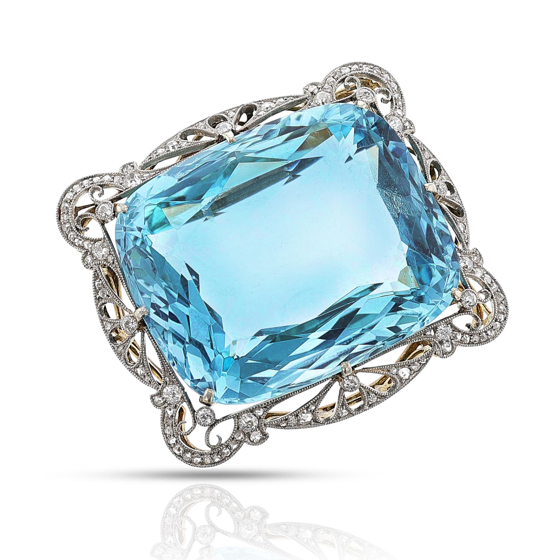 Antique Cushion Cut Edwardian 124-ct. Aquamarine and Diamond Platinum and Yellow Gold Brooch