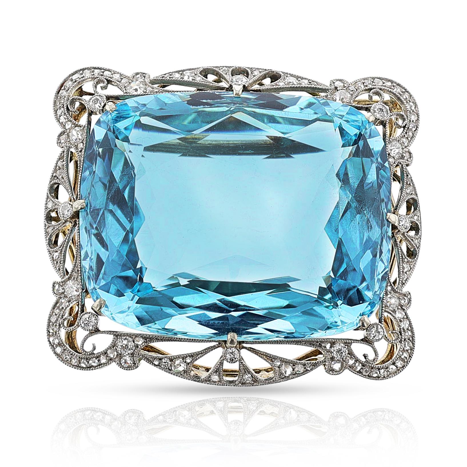 Edwardian 124-ct. Aquamarine and Diamond Platinum and Yellow Gold Brooch In Excellent Condition In New York, NY
