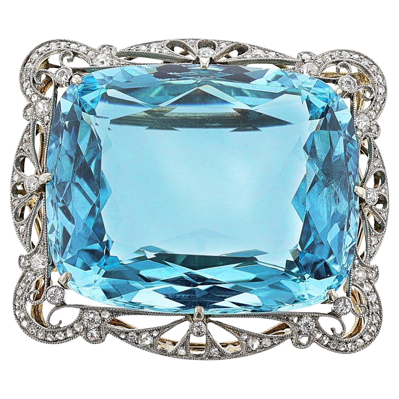 Edwardian 124-ct. Aquamarine and Diamond Platinum and Yellow Gold Brooch