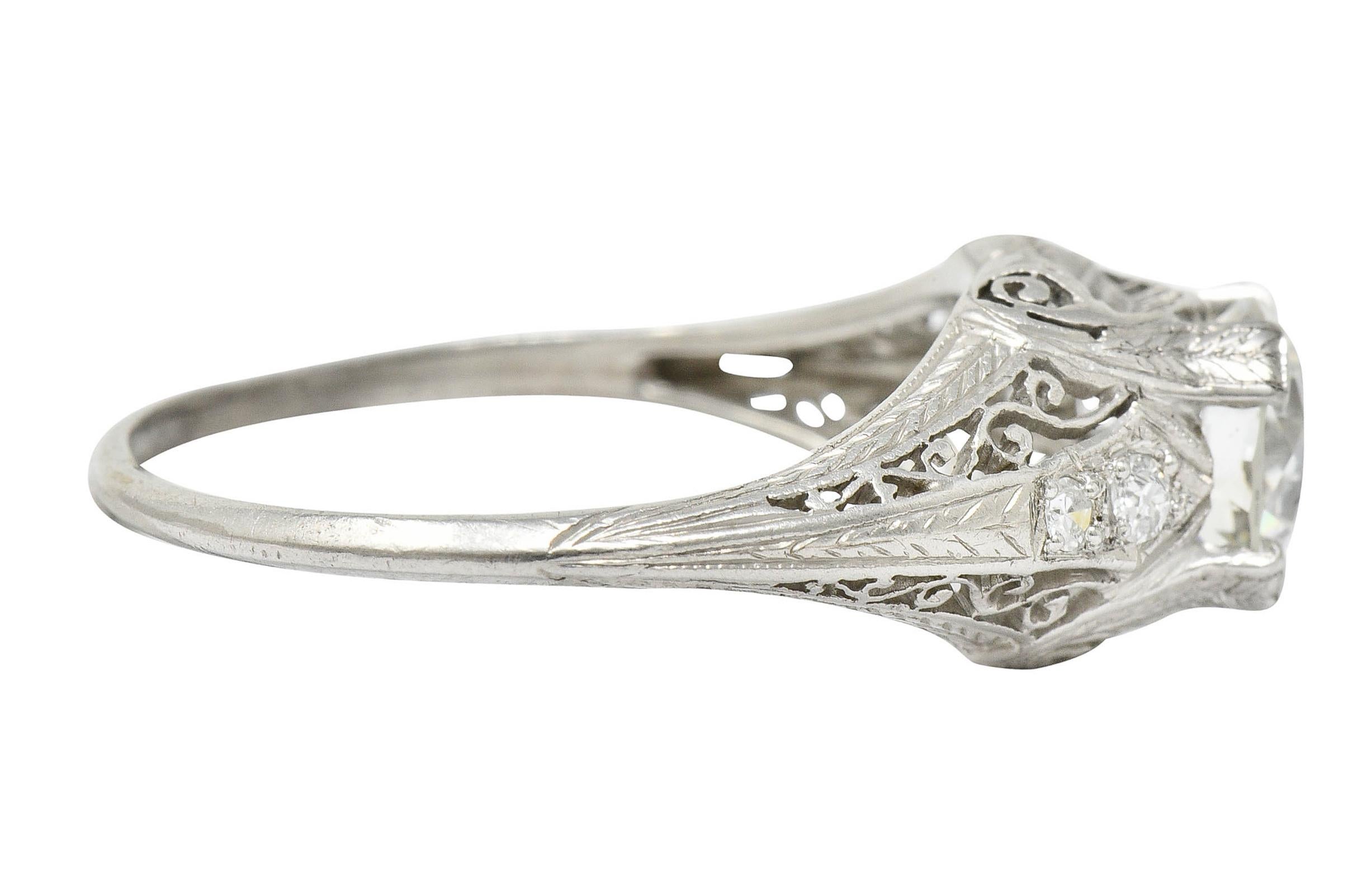 Old European Cut Edwardian 1.25 Carat Diamond Platinum Scrolled Engagement Ring GIA