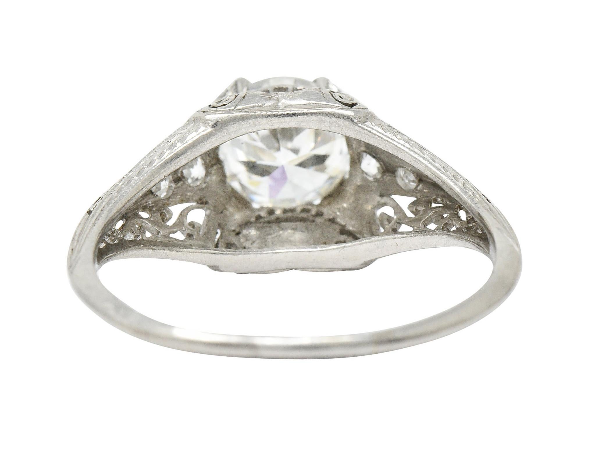 Edwardian 1.25 Carat Diamond Platinum Scrolled Engagement Ring GIA In Excellent Condition In Philadelphia, PA