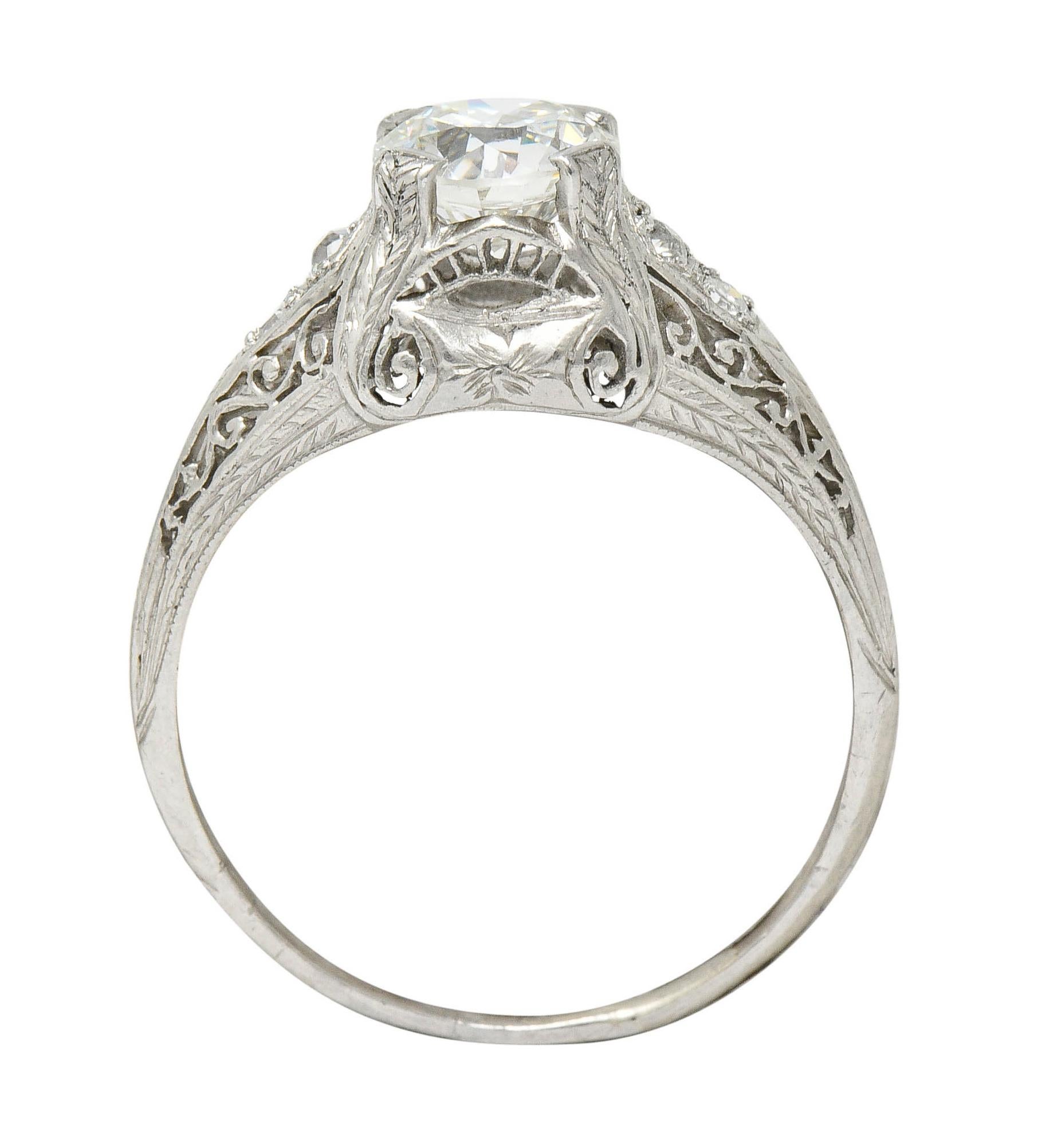Edwardian 1.25 Carat Diamond Platinum Scrolled Engagement Ring GIA 2