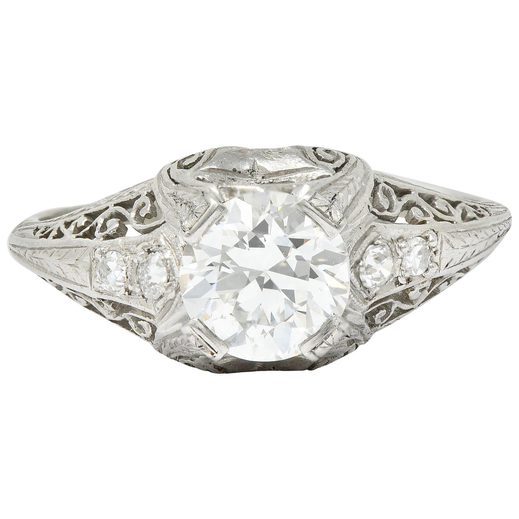 Edwardian 1.25 Carat Diamond Platinum Scrolled Engagement Ring GIA